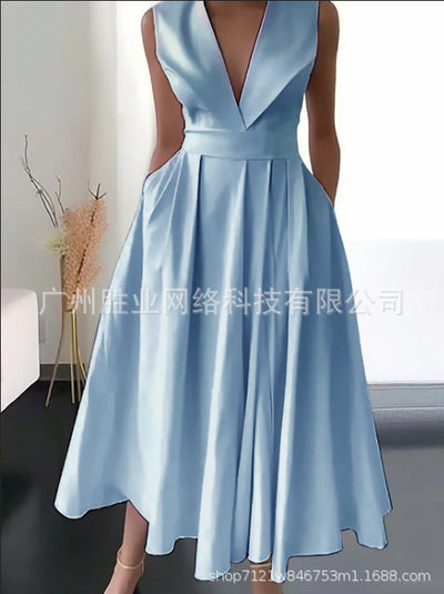 2023 New Cross-border Foreign Trade European And American Women&#039;s Summer Sleeveless Waist Slip Pocket Large Swing Mid-length Solid Color Dress