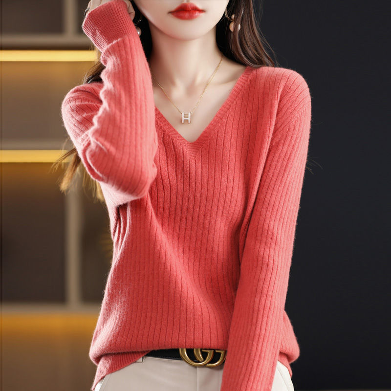 Autumn And Winter New Woolen Sweater Women&#039;s V-neck Long-sleeved Pullover Sweater Loose Round Neck Inner Knitted Sweater Bottoming Shirt