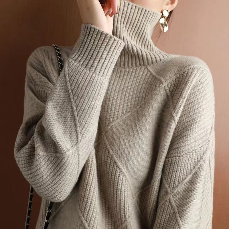 Cashmere Turtleneck Sweater For Women 2023 New Autumn And Winter Splicing Thickened Loose Outer Wear Wool Sweater With Inner Base Layer