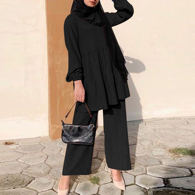 Women&#039;s Fashion Muslim Cap Suit Wide Leg Shirt And Pants Suit Elegant Solid Color OL Suit Autumn