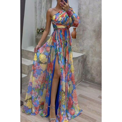 Autumn And Winter Party New Casual Split Dress INS Loose Multi-color Oblique Shoulder Dress