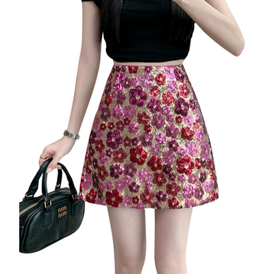 Hot Girl Style Flower Heavy Industry Sequin Half Skirt Women&#039;s Summer 2024 New Fashion High Waist A-Line Hip Skirt