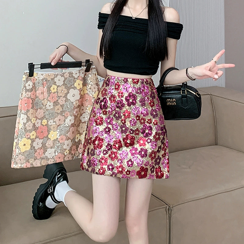 Hot Girl Style Flower Heavy Industry Sequin Half Skirt Women&#039;s Summer 2024 New Fashion High Waist A-Line Hip Skirt