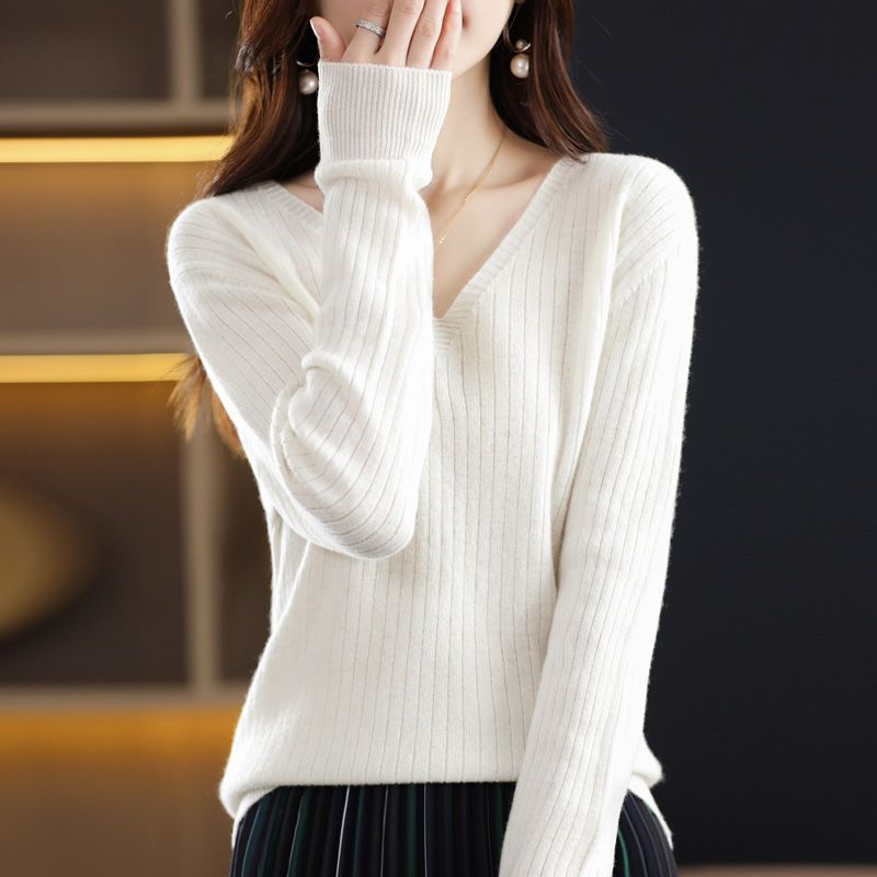 Autumn And Winter New Woolen Sweater Women&#039;s V-neck Long-sleeved Pullover Sweater Loose Round Neck Inner Knitted Sweater Bottoming Shirt