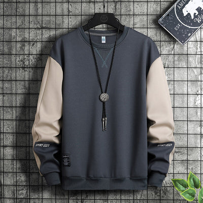 2022 New Men&amp;#039;s Korean Style Pullover Loose Sweater Youth Round Neck Long Sleeve Stitching Sports Simple Sweater