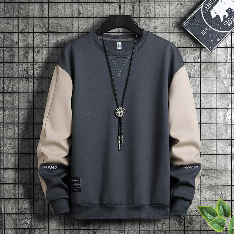 2022 New Men&amp;#039;s Korean Style Pullover Loose Sweater Youth Round Neck Long Sleeve Stitching Sports Simple Sweater