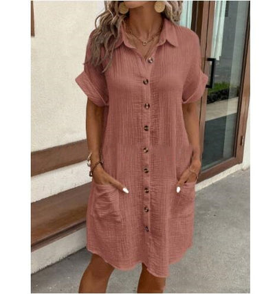 Summer Simple V-neck Button Cotton Linen Dress Women&#039;s Shirt Dress