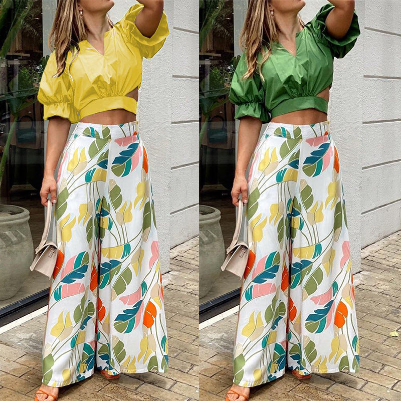 European And American Women&#039;s Clothing Cross-border New Casual Suit V-neck Short-sleeved Shirt High-waist Printing Wide-leg Trousers Two-piece Set