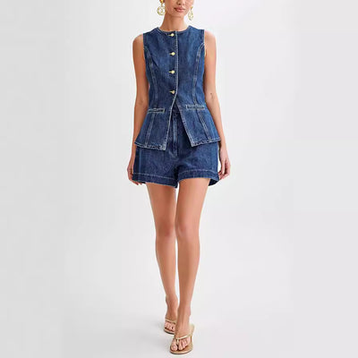 Summer Fashion Leisure Sleeveless High Waist Women&#039;s Suit Denim Shorts