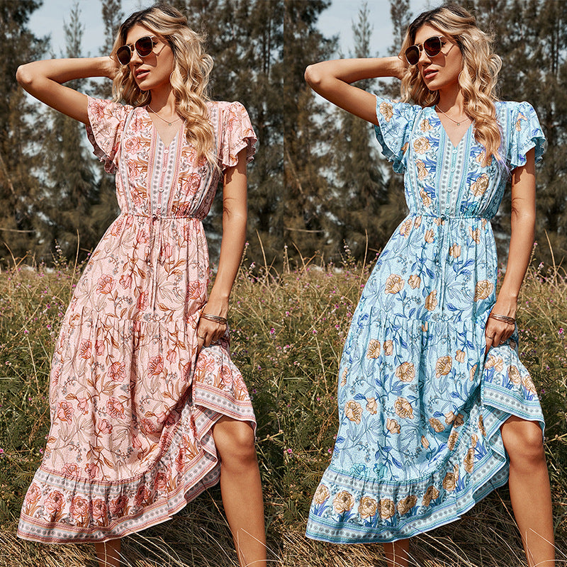 2022 European And American Spring And Summer New Lotus Leaf Short-sleeved V-neck Straps Pink Print Mid-length Ladies Dress Wholesale