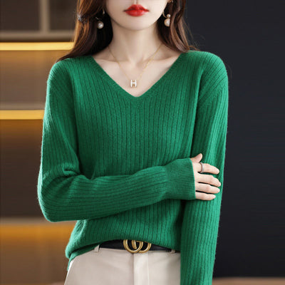 Autumn And Winter New Woolen Sweater Women&#039;s V-neck Long-sleeved Pullover Sweater Loose Round Neck Inner Knitted Sweater Bottoming Shirt