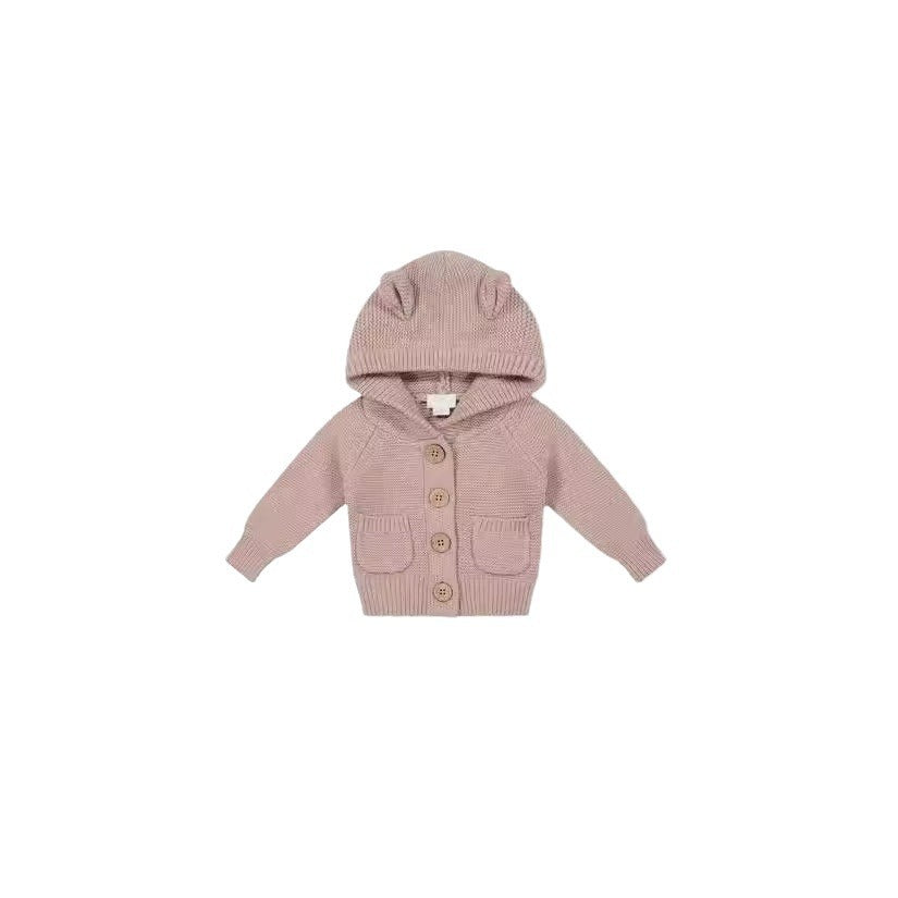 Baby Autumn New Cute Hooded Wool Clothes Solid Color Baby Boys And Girls Thickened Knitted Cardigan Single-breasted Jacket