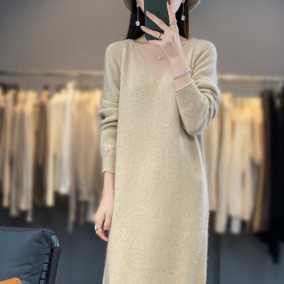 Autumn And Winter New Mid-length Dress V-neck Laid-back Style 100 Pure Wool Knitted Long Dress All-match Loose Sweater Dress