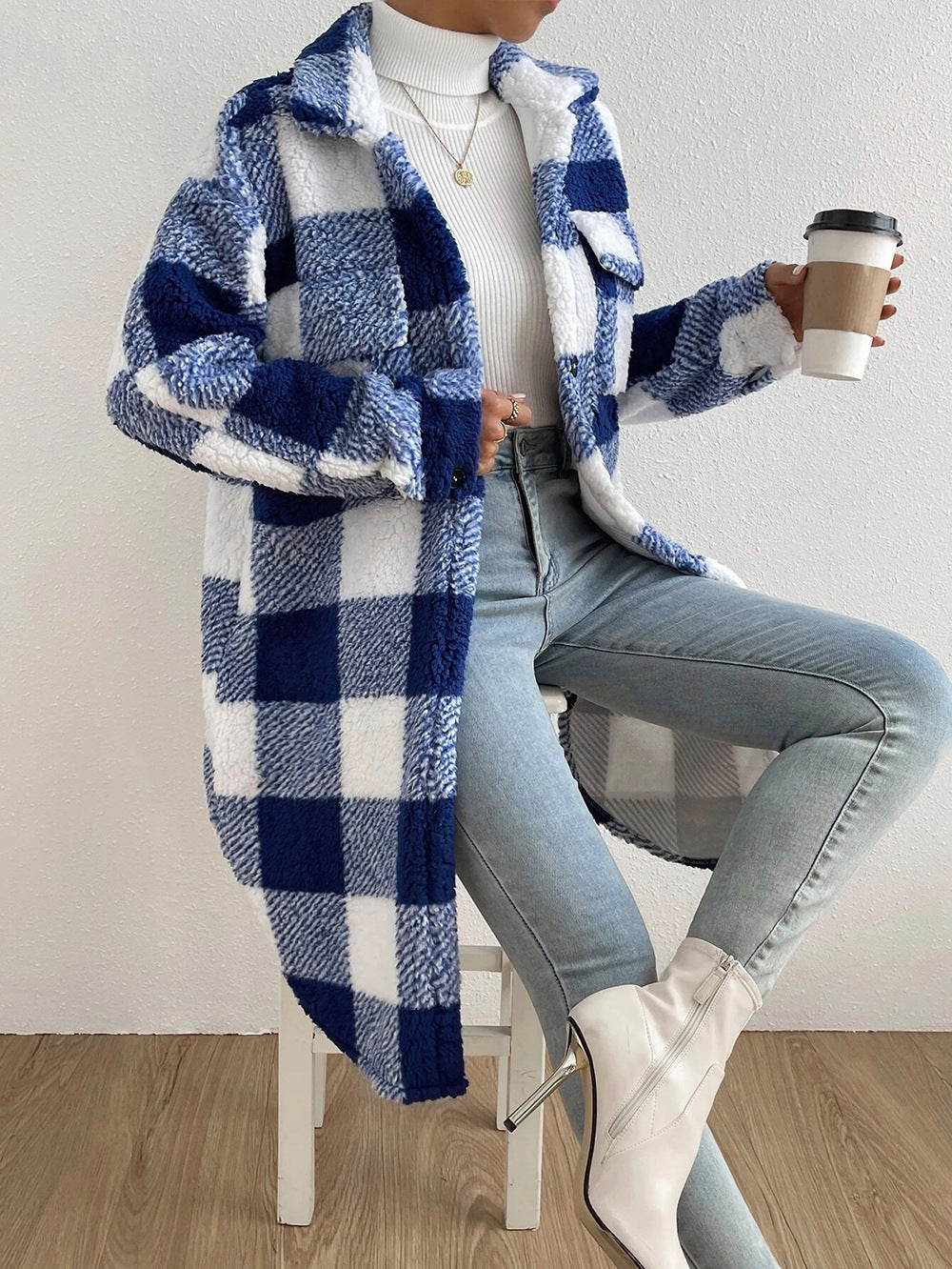 Cross-border Amazon European And American Autumn And Winter Open Button Lapel Plush Plaid Coat Loose Temperament Commuter Long Coat For Women