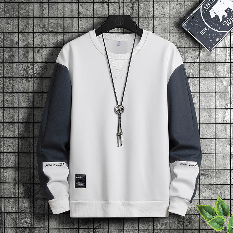 2022 New Men&amp;#039;s Korean Style Pullover Loose Sweater Youth Round Neck Long Sleeve Stitching Sports Simple Sweater