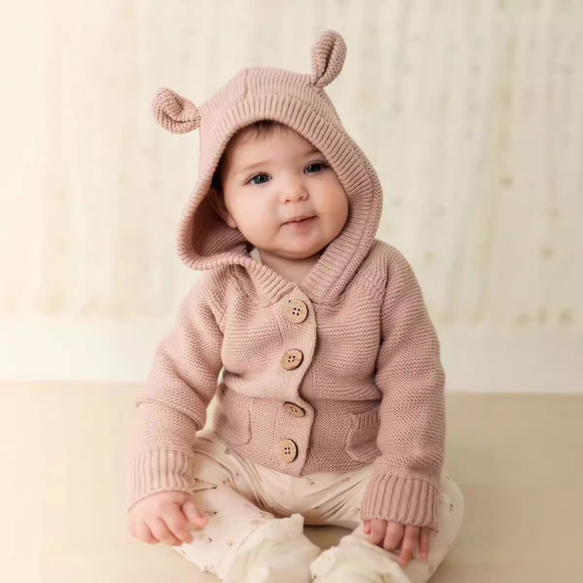 Baby Autumn New Cute Hooded Wool Clothes Solid Color Baby Boys And Girls Thickened Knitted Cardigan Single-breasted Jacket