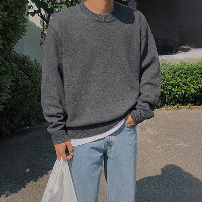 Men&#039;s Round Neck Long Sleeve Sweater Autumn And Winter Korean Loose Lazy Wind Thickened Solid Color Pullover Knitted