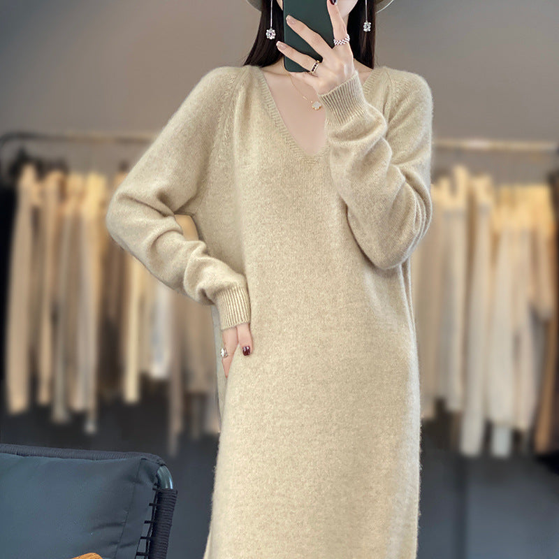 Autumn And Winter New Mid-length Dress V-neck Laid-back Style 100 Pure Wool Knitted Long Dress All-match Loose Sweater Dress