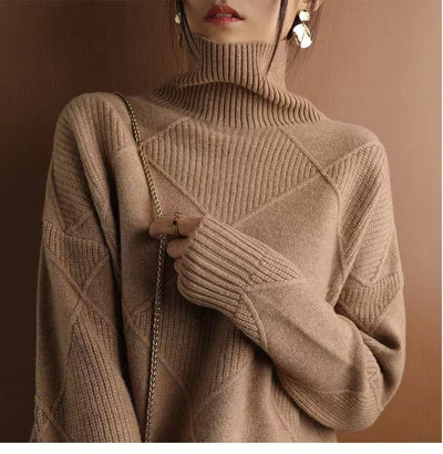 Cashmere Turtleneck Sweater For Women 2023 New Autumn And Winter Splicing Thickened Loose Outer Wear Wool Sweater With Inner Base Layer