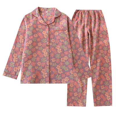 Ethnic Style Floral Spring And Autumn Women&#039;s Pajamas Long-sleeved Pure Cotton Double-layer Gauze Mother&#039;s Middle-aged And Elderly Home Wear Set