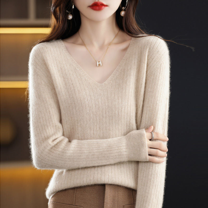 Autumn And Winter New Woolen Sweater Women&#039;s V-neck Long-sleeved Pullover Sweater Loose Round Neck Inner Knitted Sweater Bottoming Shirt