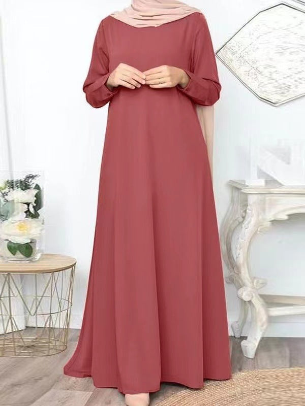 Middle Eastern Muslim Solid Color Loose Pullover Casual Elegant Long-sleeved Long Dress