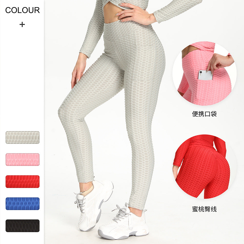 Cross-border European And American Amazon Thickened Fitness Sports Slim Breathable New Bottom Pocket Jacquard Bubble Yoga Pants