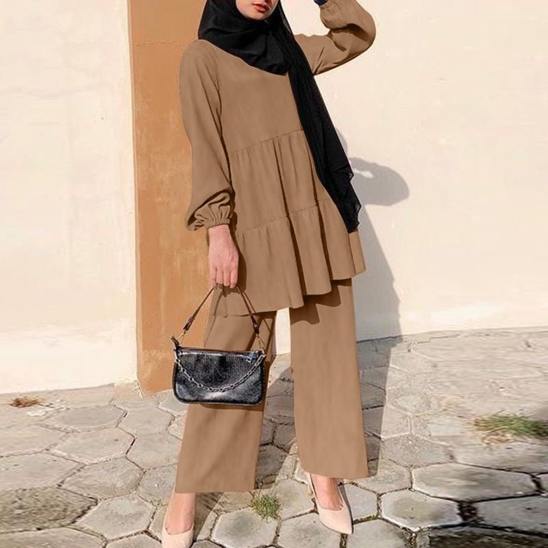 Women&#039;s Fashion Muslim Cap Suit Wide Leg Shirt And Pants Suit Elegant Solid Color OL Suit Autumn