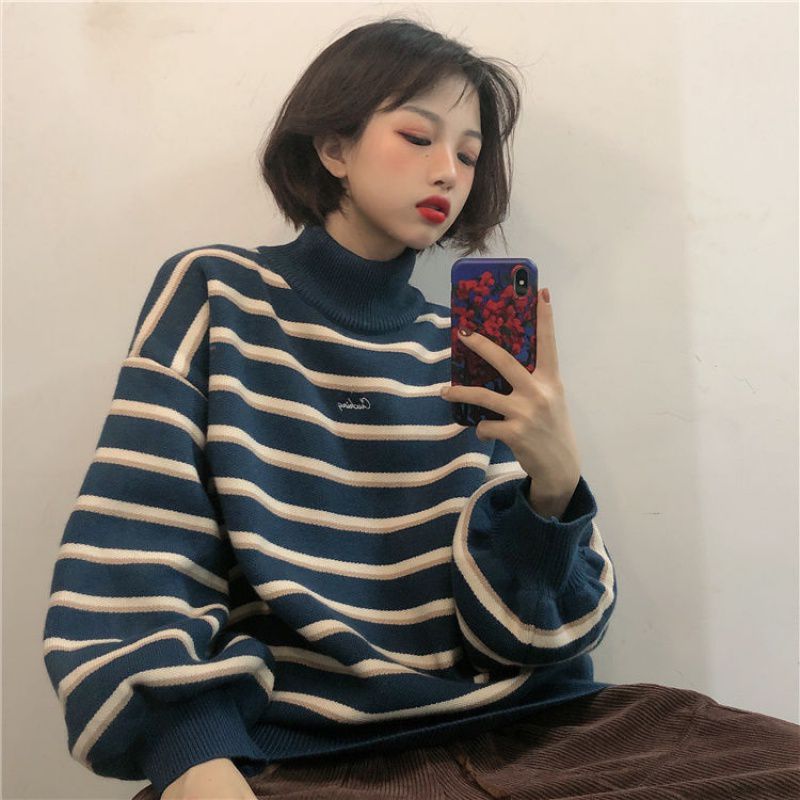 Korean Version Thickened Color Matching Turtleneck Sweater Female Students Autumn And Winter Lazy Style Loose Pullover Striped Knitted Jacket Top