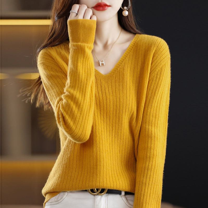 Autumn And Winter New Woolen Sweater Women&#039;s V-neck Long-sleeved Pullover Sweater Loose Round Neck Inner Knitted Sweater Bottoming Shirt