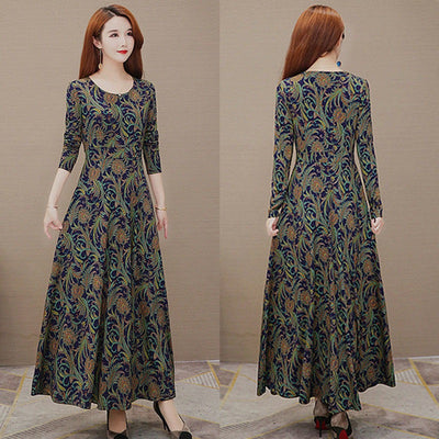 Spring Season Plus Size 200catty Long-sleeved Dress For Middle-aged And Elderly Mothers, Slimming Mid-length Floral Large Skirt