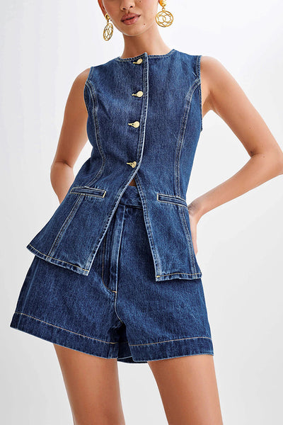 Summer Fashion Leisure Sleeveless High Waist Women&#039;s Suit Denim Shorts