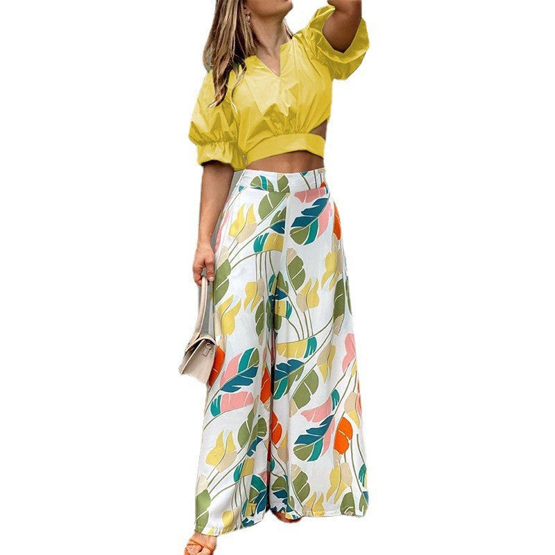 European And American Women&#039;s Clothing Cross-border New Casual Suit V-neck Short-sleeved Shirt High-waist Printing Wide-leg Trousers Two-piece Set