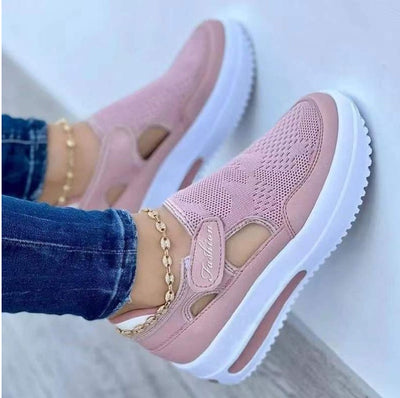 Summer Foreign Trade Large Size Fly-woven Breathable Casual Single-layer Shoes Wedge Heel Thick-soled Hollow Velcro Round Toe Low-top Women&#039;s Single-layer Shoes