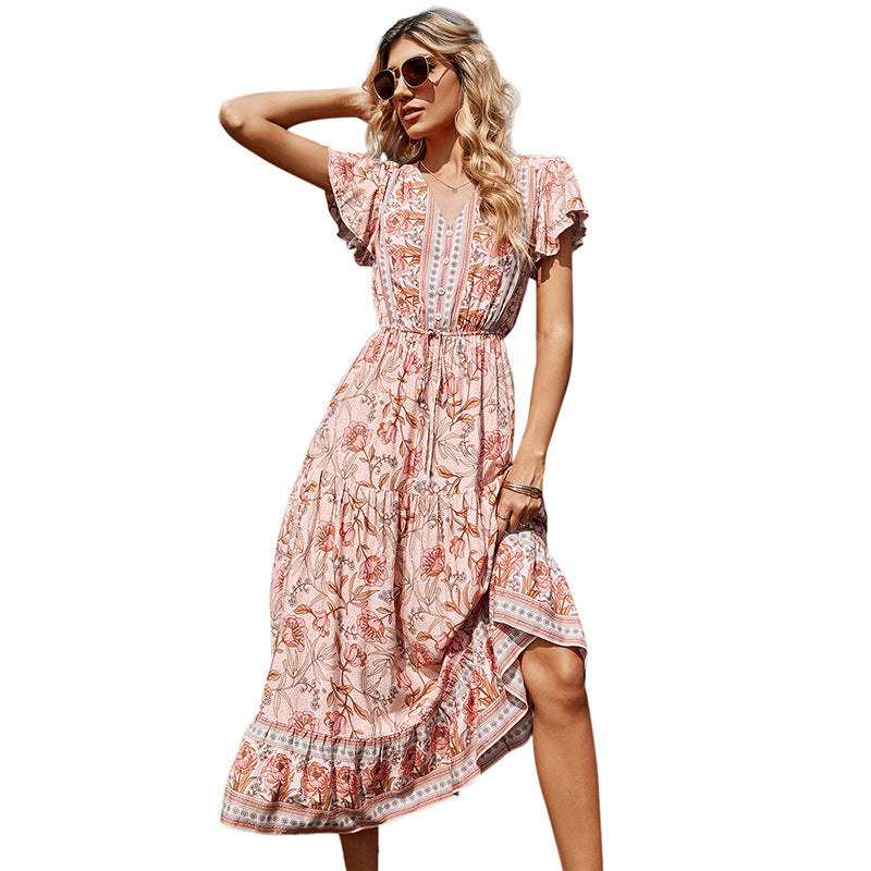 2022 European And American Spring And Summer New Lotus Leaf Short-sleeved V-neck Straps Pink Print Mid-length Ladies Dress Wholesale