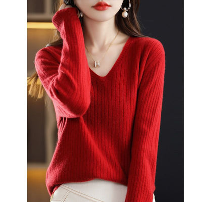 Autumn And Winter New Woolen Sweater Women&#039;s V-neck Long-sleeved Pullover Sweater Loose Round Neck Inner Knitted Sweater Bottoming Shirt