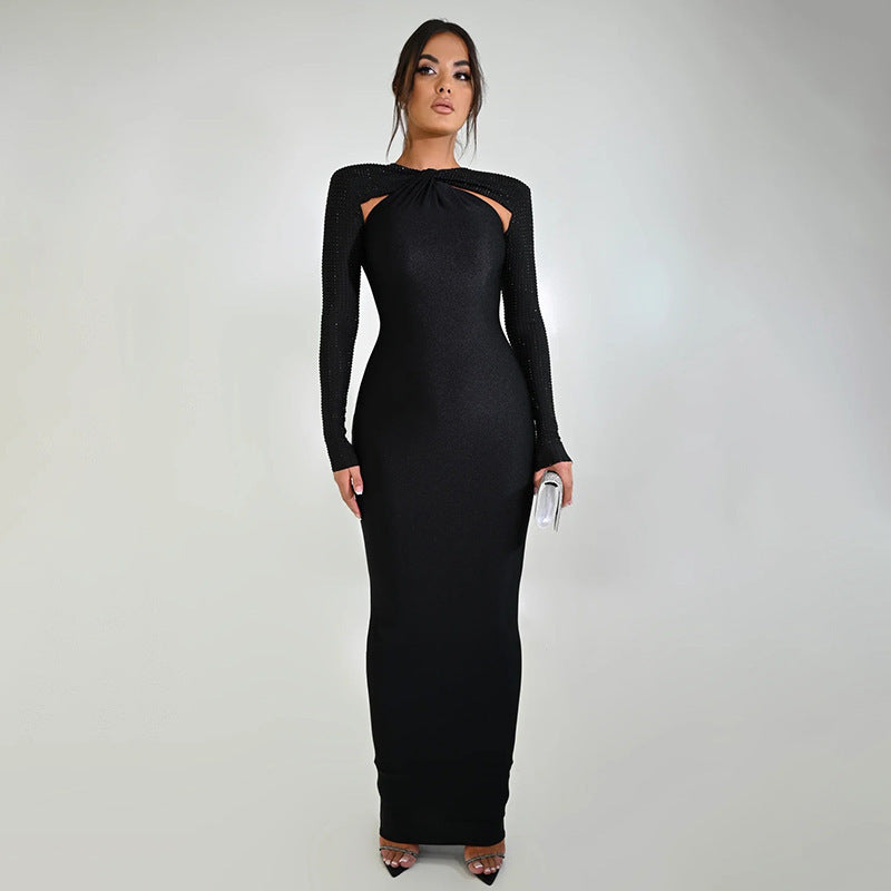 New Sexy Tight Long Hot Rhinestone Long Sleeve Stitching Dress