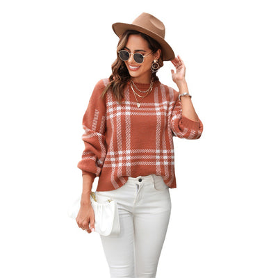 2023 Autumn And Winter New European And American Cross-border Women&#039;s Sweater Large Plaid Splicing Casual Fashion Pullover Round Neck Sweater