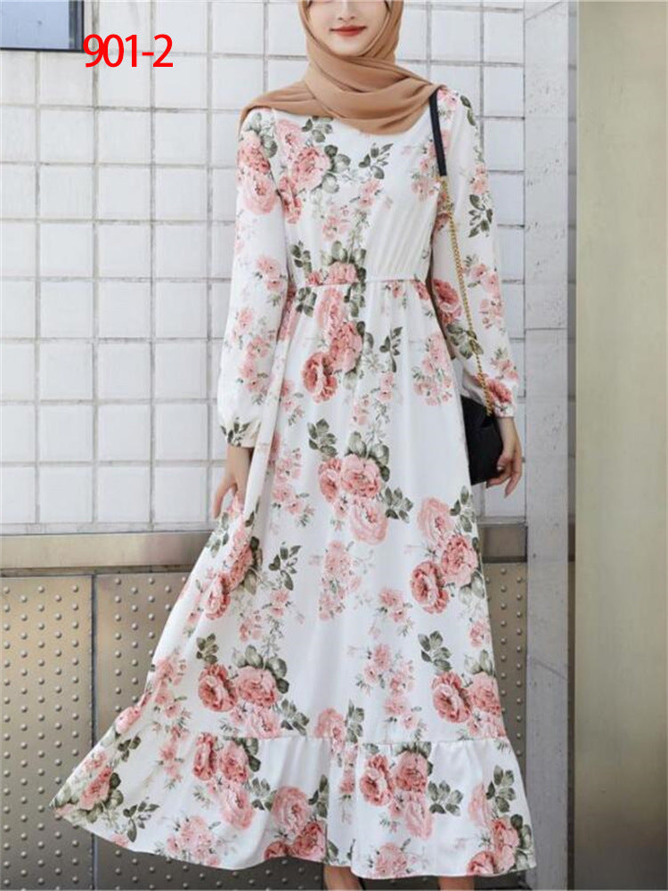 2022 Hot Sale European Beauty Dress Muslim Waist Thin Floral A-line Skirt