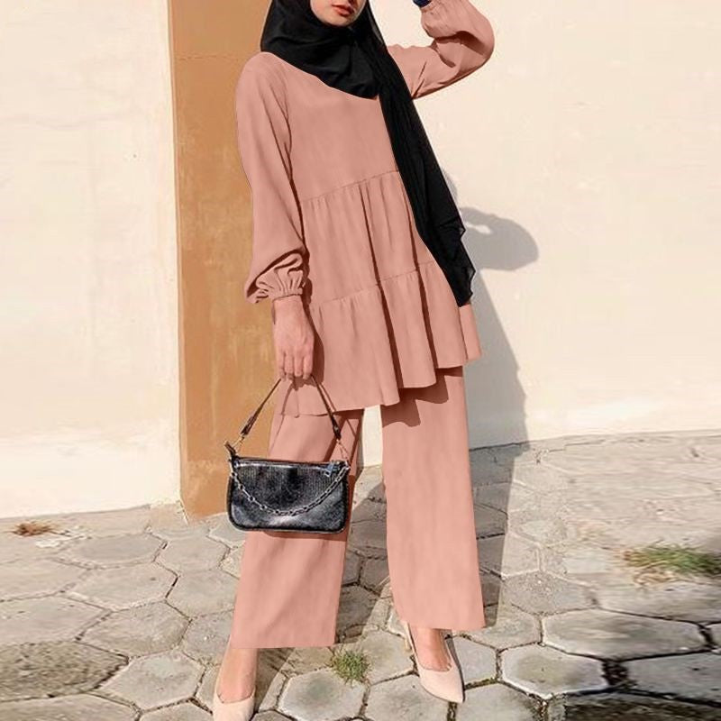 Women&#039;s Fashion Muslim Cap Suit Wide Leg Shirt And Pants Suit Elegant Solid Color OL Suit Autumn