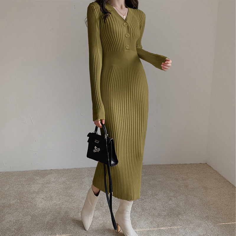 Autumn And Winter Mid-length Skirt Temperament V-neck Light And Mature Wind Apricot Slim Bottoming Skirt Knitted Elastic Thin Hip-pack Wool Skirt