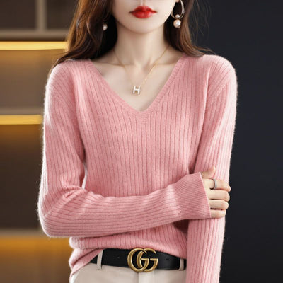 Autumn And Winter New Woolen Sweater Women&#039;s V-neck Long-sleeved Pullover Sweater Loose Round Neck Inner Knitted Sweater Bottoming Shirt