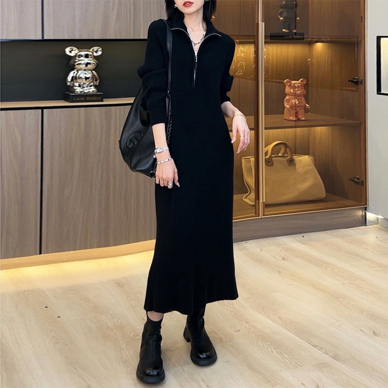 Hepburn Style Black Knitted Sweater Dress For Women New Autumn And Winter Inner Wear Long Dress High-end