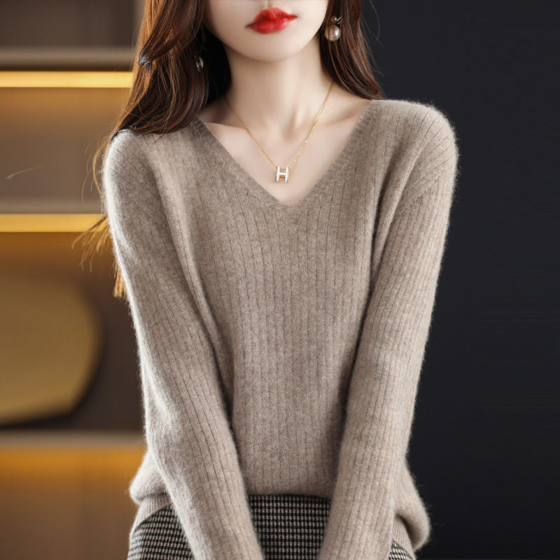 Autumn And Winter New Woolen Sweater Women&#039;s V-neck Long-sleeved Pullover Sweater Loose Round Neck Inner Knitted Sweater Bottoming Shirt