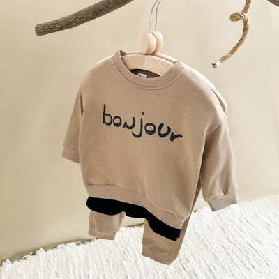 Two-piece Men&#039;s And Children&#039;s Korean-style Letter Printing Fake Two-piece Long-sleeved Round Neck Top Plus Sports Trousers Baby Suit