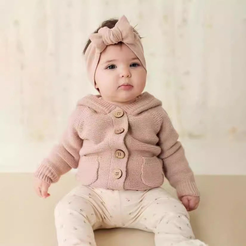 Baby Autumn New Cute Hooded Wool Clothes Solid Color Baby Boys And Girls Thickened Knitted Cardigan Single-breasted Jacket