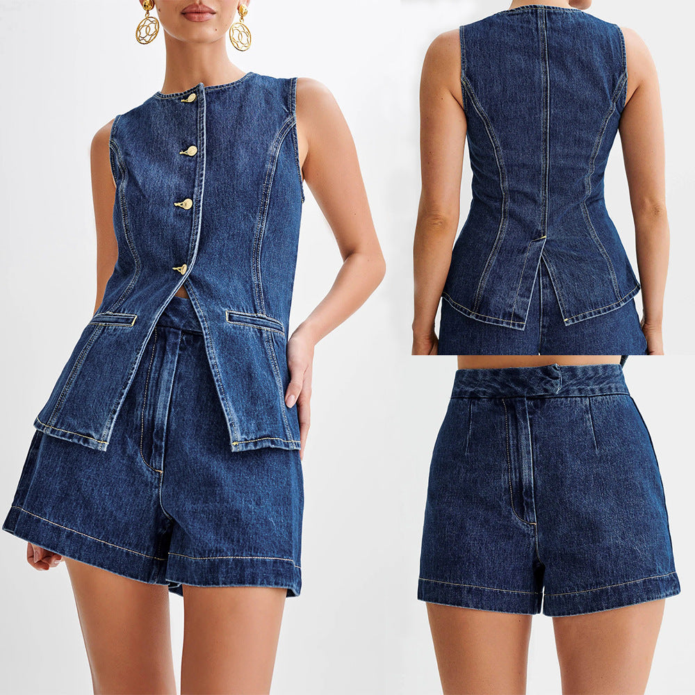 Summer Fashion Leisure Sleeveless High Waist Women&#039;s Suit Denim Shorts