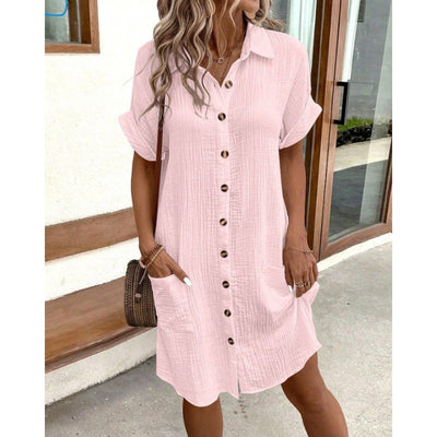 Summer Simple V-neck Button Cotton Linen Dress Women&#039;s Shirt Dress