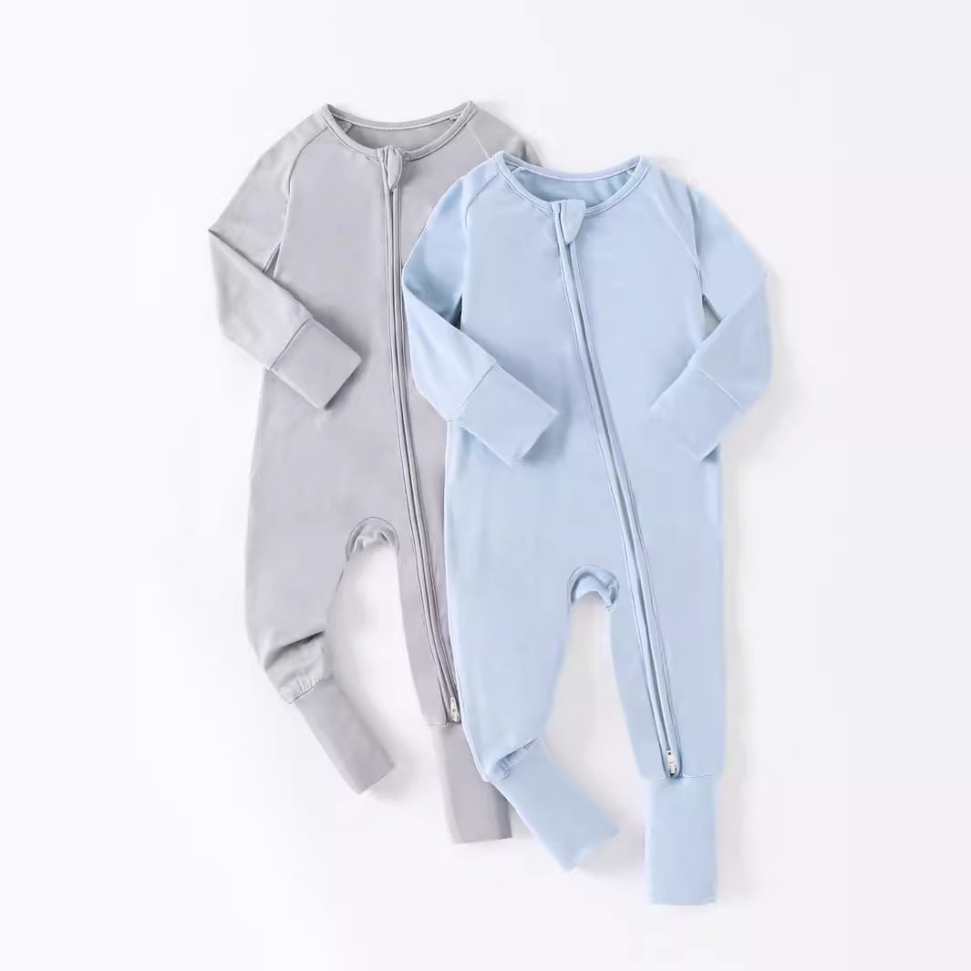 2-piece New Bamboo Fiber Cool Baby Long Sleeve Double Zipper Ha Clothes Silver Gray Light Blue Combination