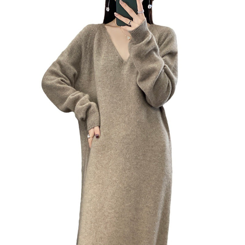 Autumn And Winter New Mid-length Dress V-neck Laid-back Style 100 Pure Wool Knitted Long Dress All-match Loose Sweater Dress